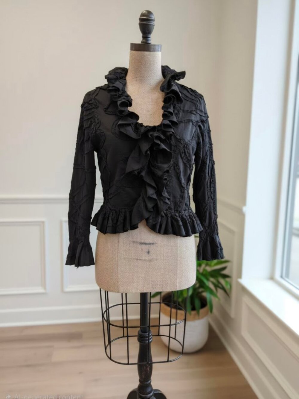 Elegant Black Peplum Zip Front Ruffle Top